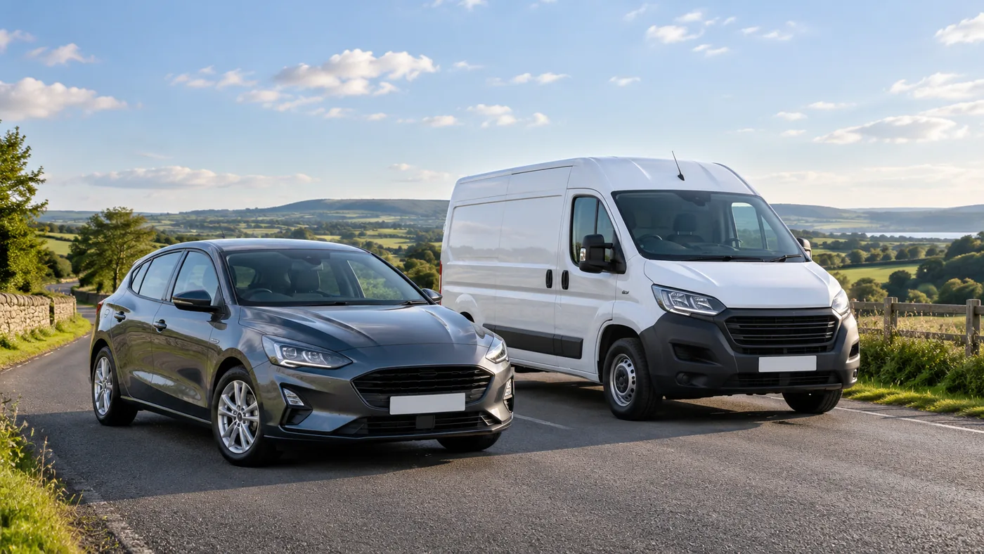 Car and white van on a British country road